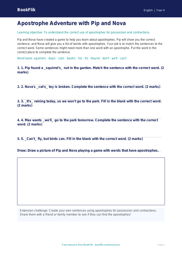 Free Apostrophes Activity Sheet | Year 4 Core | BookFlik worksheet preview — English Apostrophes