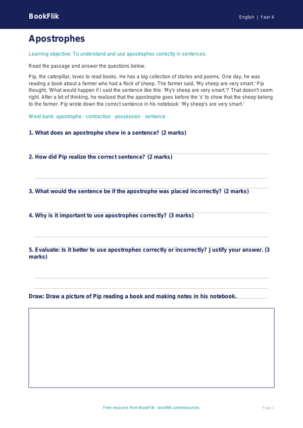 Free Apostrophes Comprehension Worksheet | Year 4 Core | BookFlik worksheet preview — English Apostrophes