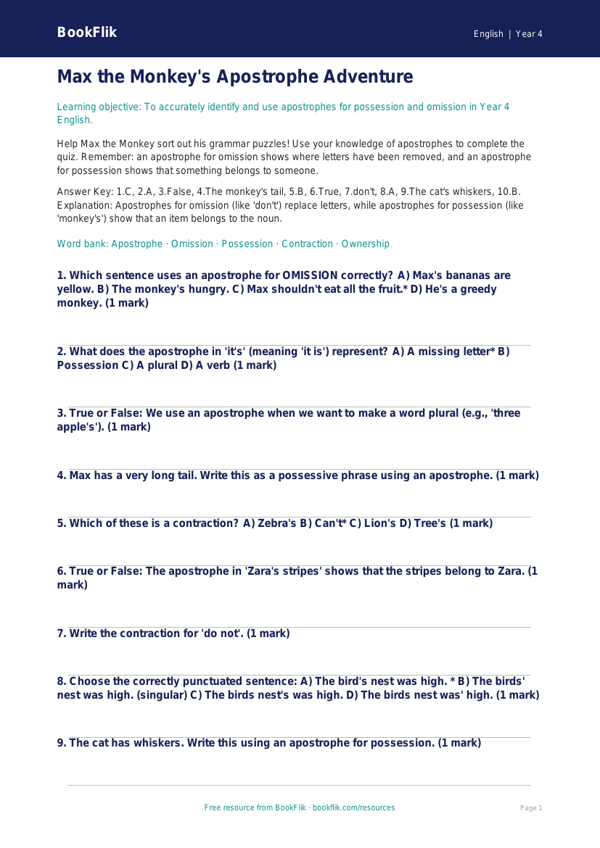 Free Apostrophes Quiz | Year 4 Greater Depth | BookFlik worksheet preview — English Apostrophes