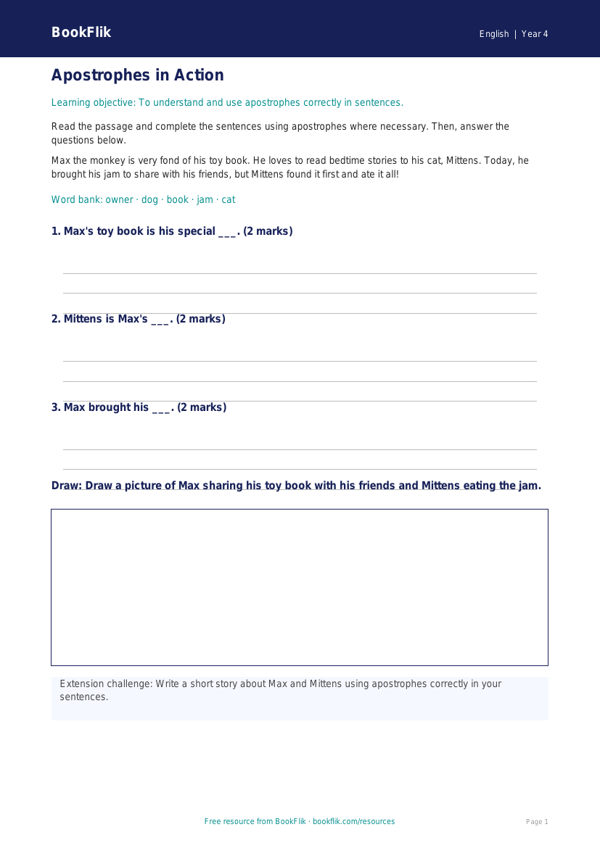 Free Apostrophes Track Sheet | Year 4 Core | BookFlik worksheet preview — English Apostrophes