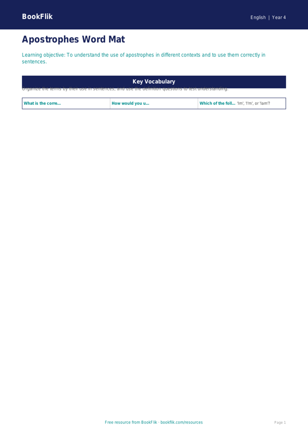 Free Apostrophes Word Mat | Year 4 Core | BookFlik worksheet preview — English Apostrophes