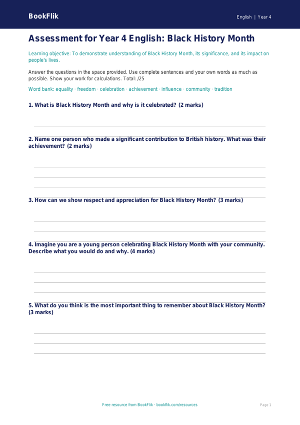 Free Black History Month Assessment | Year 4 Core | BookFlik worksheet preview — English Black History Month