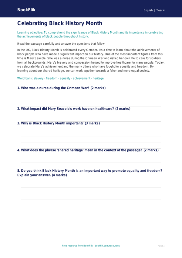 Free Black History Month Comprehension | Year 4 Core | BookFlik worksheet preview — English Black History Month