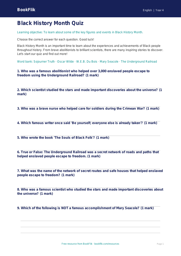 Free Black History Month Quiz | Year 4 Core | BookFlik worksheet preview — English Black History Month