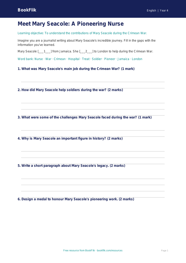 Free Black History Month Template | Year 4 Core | BookFlik worksheet preview — English Black History Month