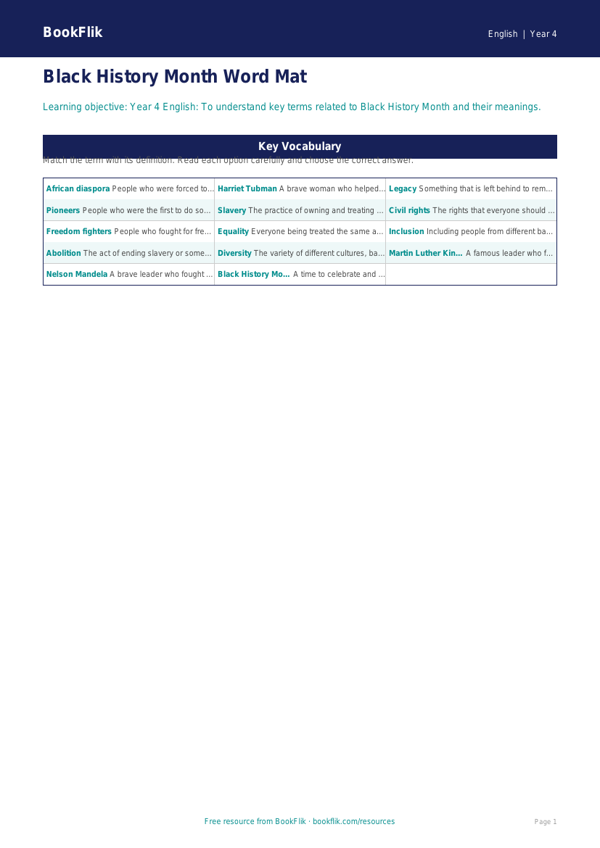 Free Black History Month Word Mat | Year 4 Core | BookFlik worksheet preview — English Black History Month