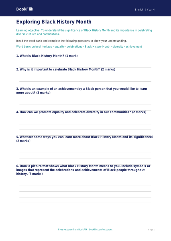 Free Black History Month Worksheet | Year 4 Core | BookFlik worksheet preview — English Black History Month