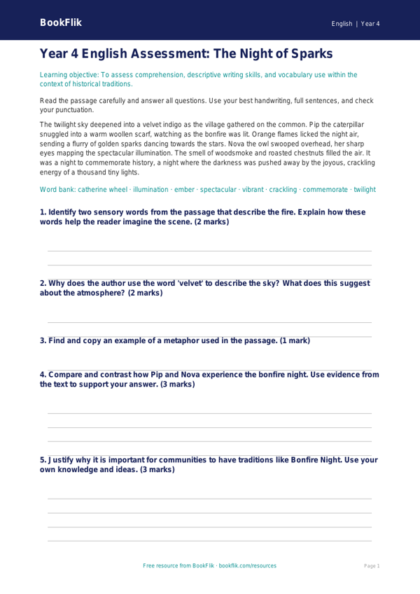 Free Bonfire Night Assessment | Year 4 Greater Depth | BookFlik worksheet preview — English Bonfire Night