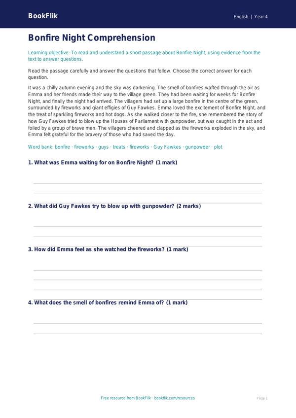 Free Bonfire Night Comprehension Worksheet | Year 4 English worksheet preview — English Bonfire Night