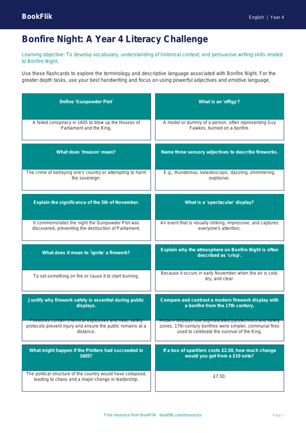 Free Bonfire Night Flashcards | Year 4 Greater Depth | BookFlik worksheet preview — English Bonfire Night