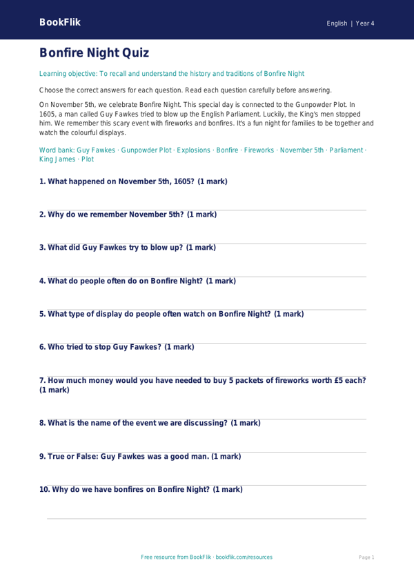 Free Bonfire Night Quiz | Year 4 Core | BookFlik worksheet preview — English Bonfire Night