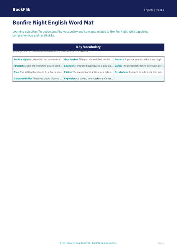 Free Bonfire Night Word Mat | Year 4 Core | BookFlik worksheet preview — English Bonfire Night