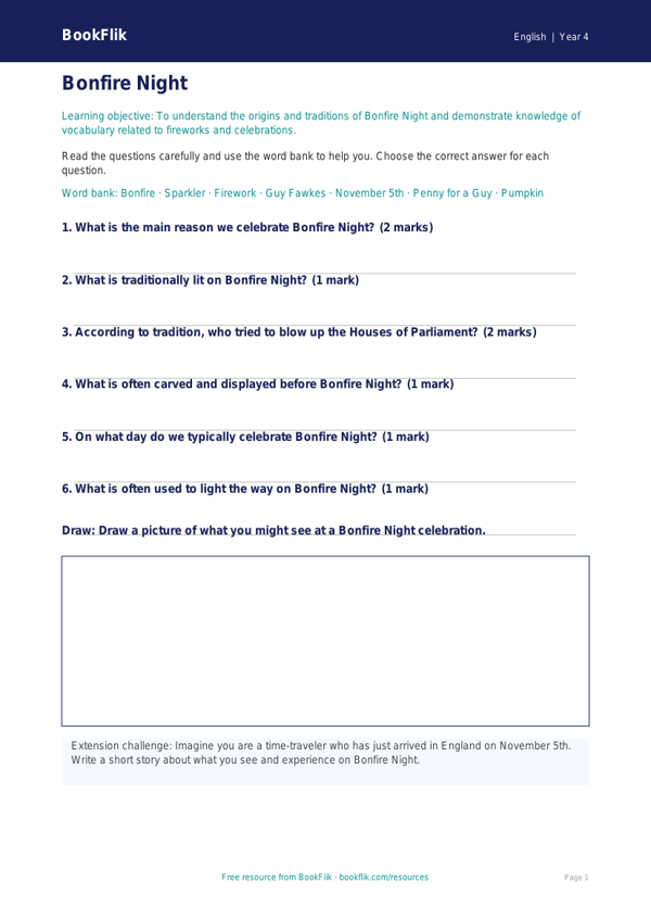 Free Bonfire Night Worksheet | Year 4 Core | BookFlik worksheet preview — English Bonfire Night