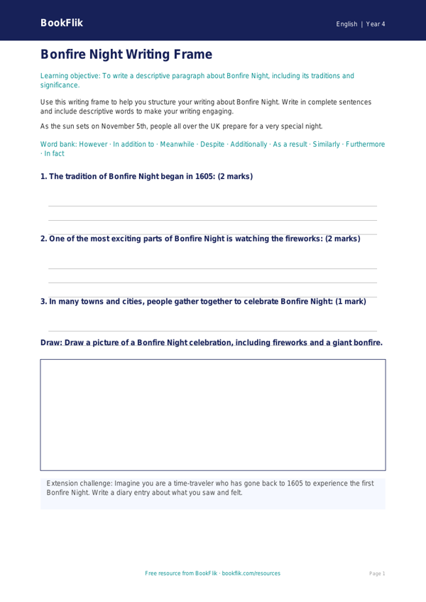 Free Bonfire Night Writing Frame | Year 4 Core | BookFlik worksheet preview — English Bonfire Night