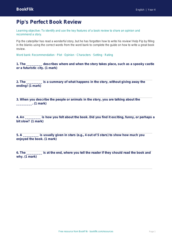 Free Book Review Activity Sheet | Year 4 Core | BookFlik worksheet preview — English Book Review