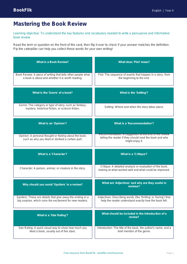 Free Book Review Flashcards | Year 4 Core | BookFlik worksheet preview — English Book Review