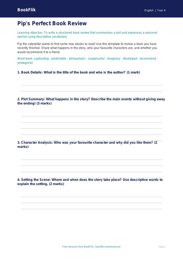 Free Book Review Template | Year 4 Core | BookFlik worksheet preview — English Book Review