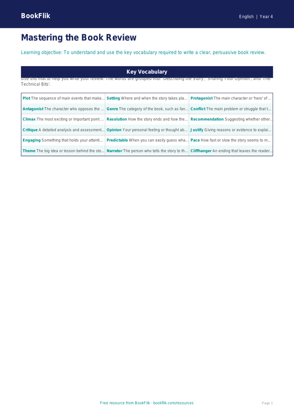 Free Book Review Word Mat | Year 4 Core | BookFlik worksheet preview — English Book Review