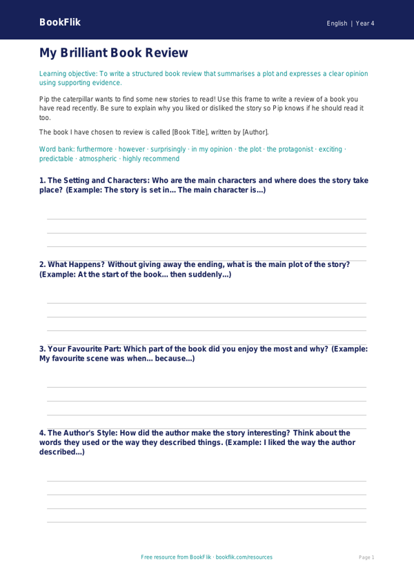 Free Book Review Writing Frame | Year 4 Core | BookFlik worksheet preview — English Book Review