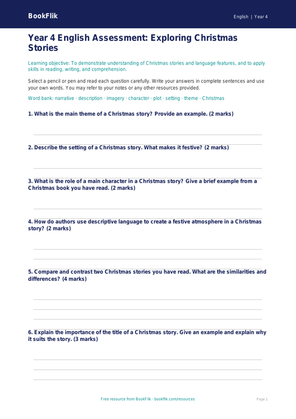 Free Christmas Story Assessment | Year 4 Core | BookFlik worksheet preview — English Christmas Story