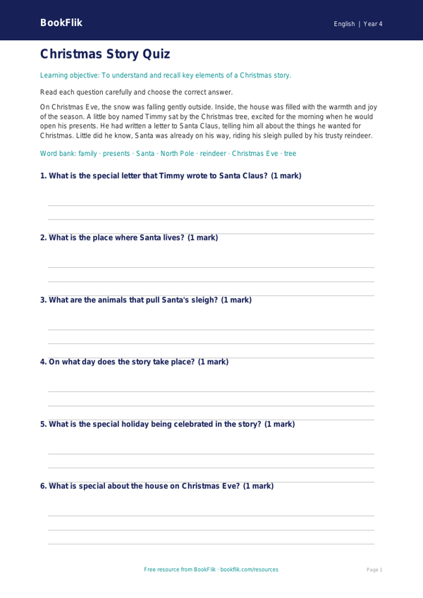 Free Christmas Story Quiz | Year 4 Core | BookFlik worksheet preview — English Christmas Story