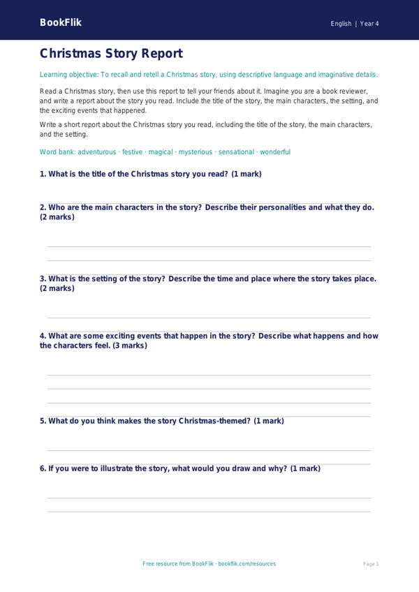 Free Christmas Story Template | Year 4 Core | BookFlik worksheet preview — English Christmas Story