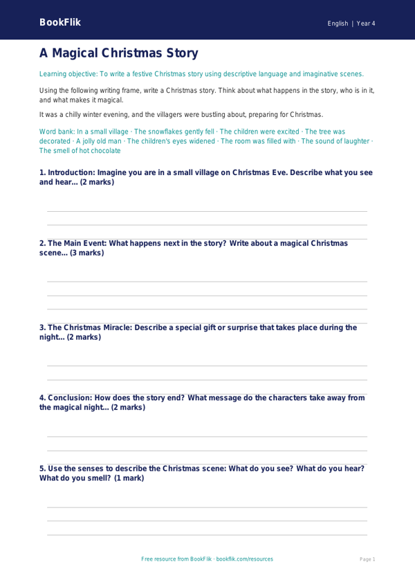 Free Christmas Story Writing Frame | Year 4 Core | BookFlik worksheet preview — English Christmas Story