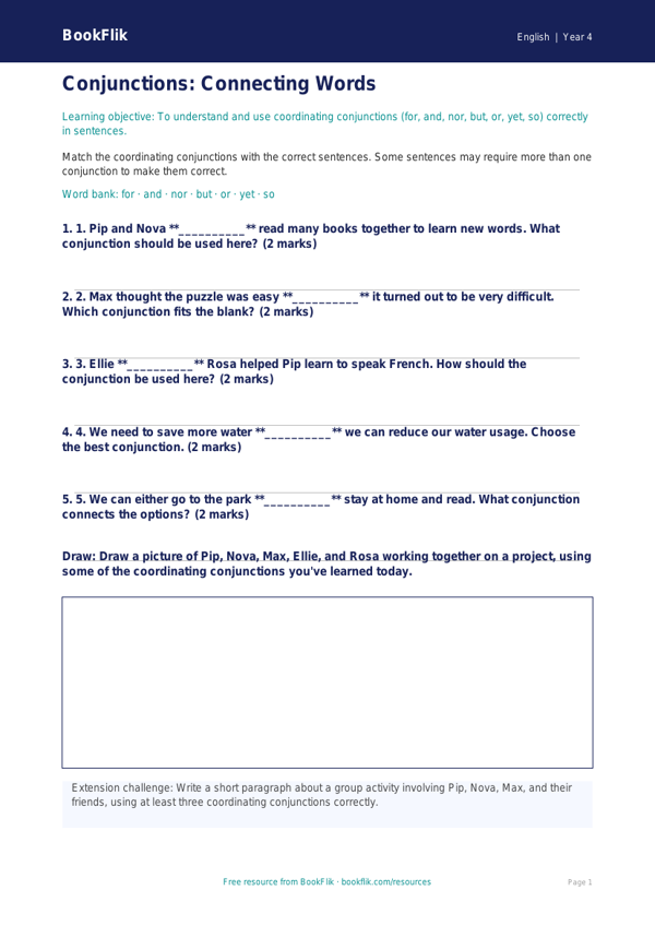 Free Conjunctions Activity Sheet | Year 4 Core | BookFlik worksheet preview — English Conjunctions
