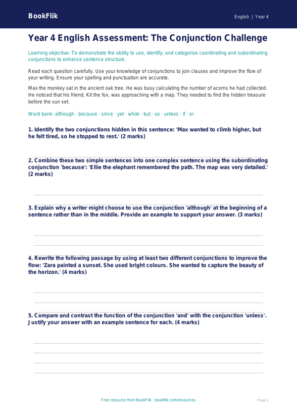 Free Conjunctions Assessment | Year 4 Greater Depth | BookFlik worksheet preview — English Conjunctions