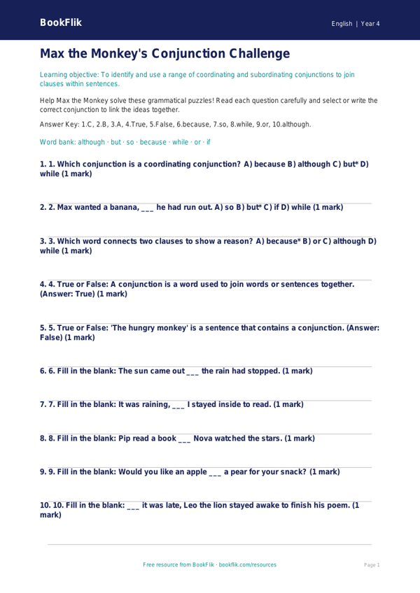 Free Conjunctions Quiz | Year 4 Core | BookFlik worksheet preview — English Conjunctions