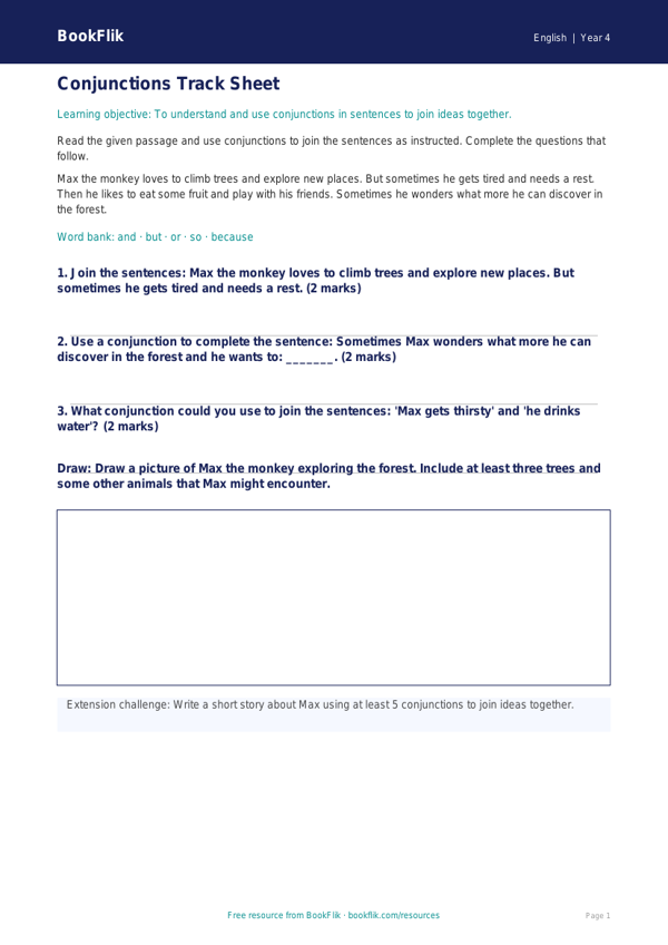 Free Conjunctions Track Sheet | Year 4 Core | BookFlik worksheet preview — English Conjunctions