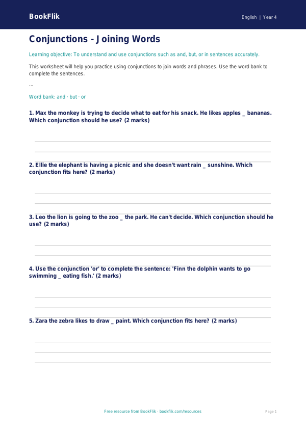 Free Conjunctions Worksheet | Year 4 Core | BookFlik worksheet preview — English Conjunctions