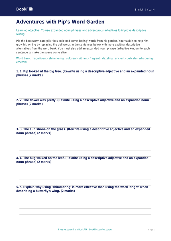 Free Creative Writing Activity Sheet | Year 4 Core | BookFlik worksheet preview — English Creative Writing