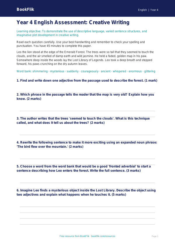 Free Creative Writing Assessment | Year 4 Core | BookFlik worksheet preview — English Creative Writing