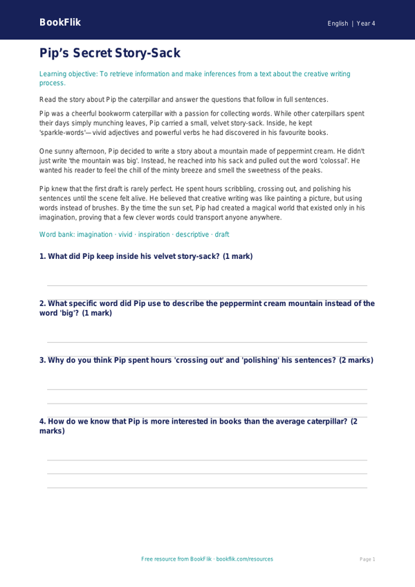 Free Creative Writing Comprehension | Year 4 Core | BookFlik worksheet preview — English Creative Writing