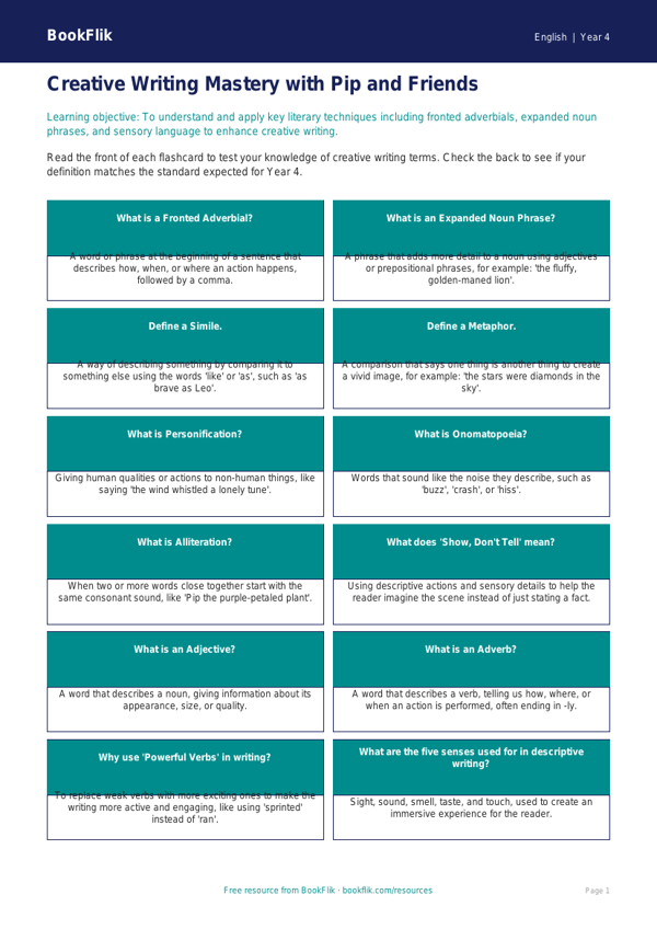 Free Creative Writing Flashcards | Year 4 Core | BookFlik worksheet preview — English Creative Writing