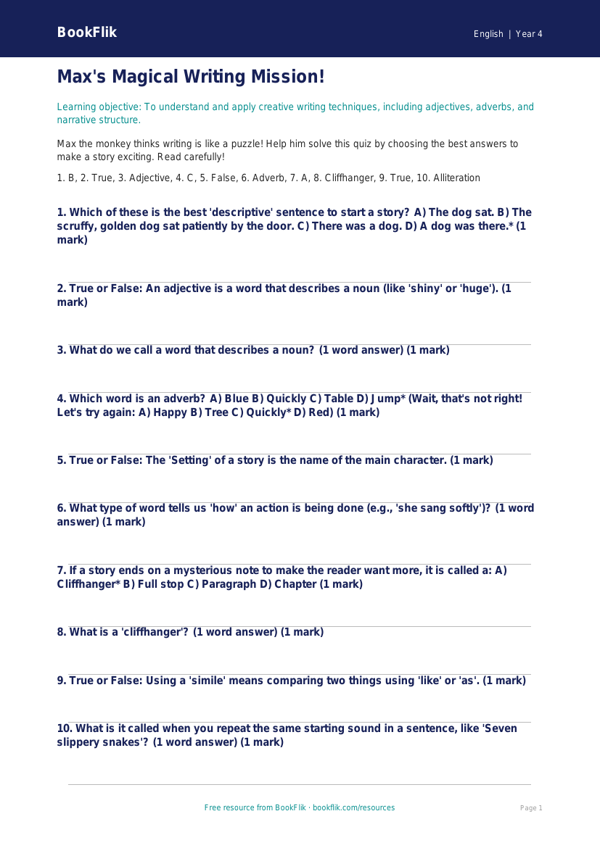 Free Creative Writing Worksheet | Year 4 English | BookFlik worksheet preview — English Creative Writing