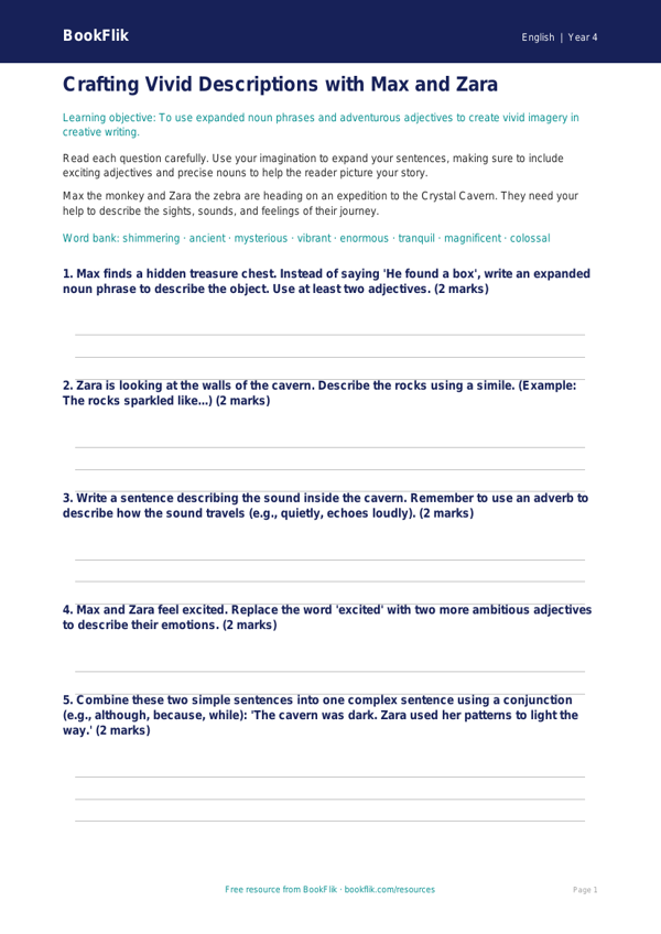 Free Creative Writing Worksheet | Year 4 Core | BookFlik worksheet preview — English Creative Writing