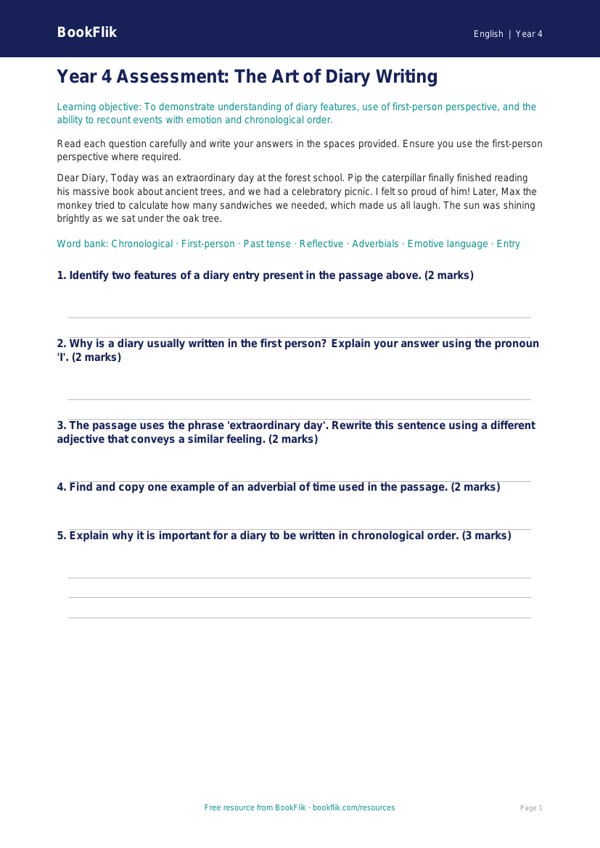 Free Diary Writing Assessment | Year 4 Core | BookFlik worksheet preview — English Diary Writing