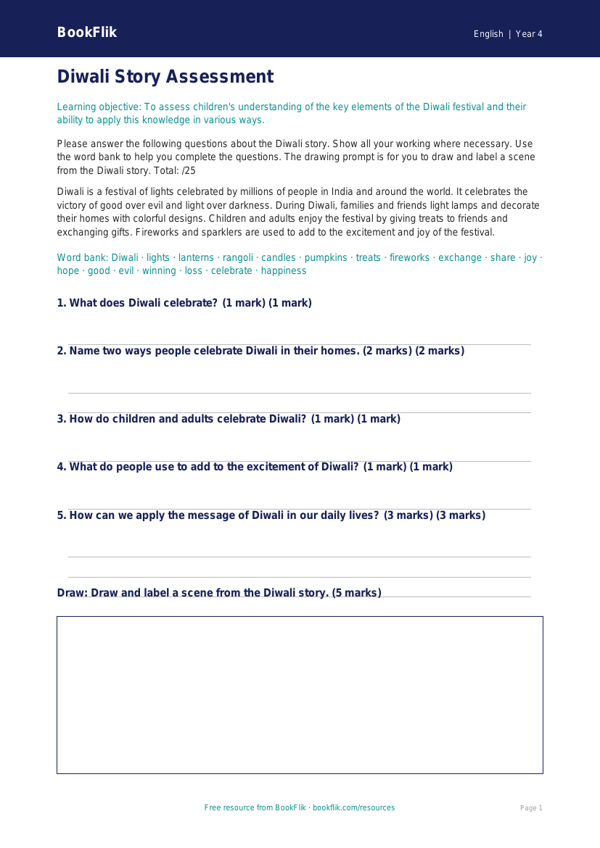 Free Diwali Story Assessment | Year 4 Core | BookFlik worksheet preview — English Diwali Story