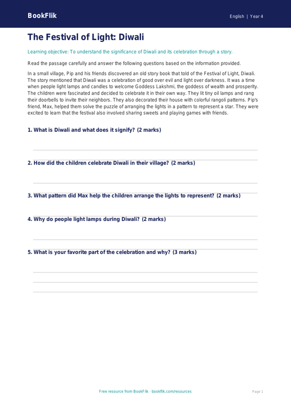Free Diwali Story Comprehension | Year 4 Core | BookFlik worksheet preview — English Diwali Story
