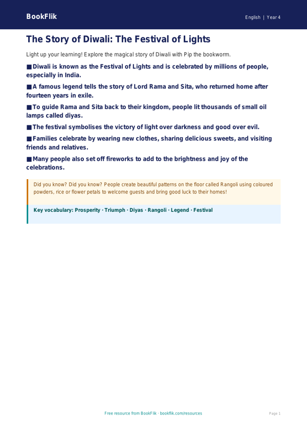 Free Diwali Story Poster | Year 4 Core | BookFlik worksheet preview — English Diwali Story