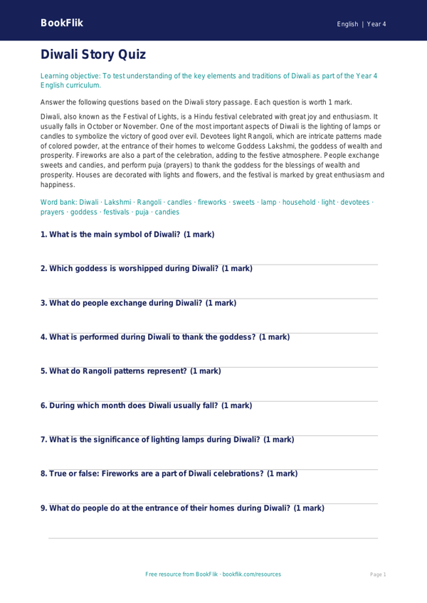 Free Diwali Story Quiz | Year 4 Core | BookFlik worksheet preview — English Diwali Story
