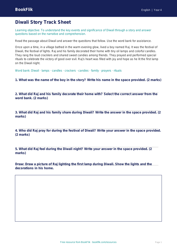 Free Diwali Story Track Sheet | Year 4 Core | BookFlik worksheet preview — English Diwali Story