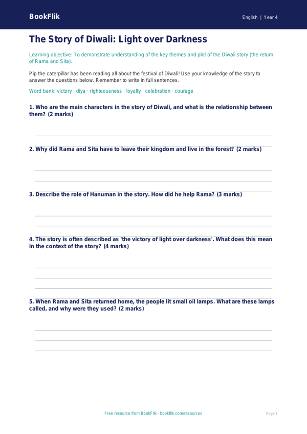 Free Diwali Story Worksheet | Year 4 Core | BookFlik worksheet preview — English Diwali Story