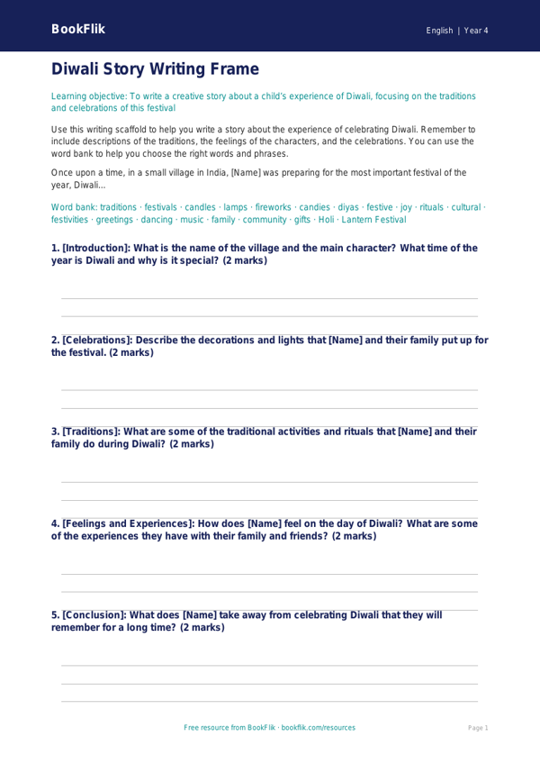Free Diwali Story Writing Frame | Year 4 Core | BookFlik worksheet preview — English Diwali Story