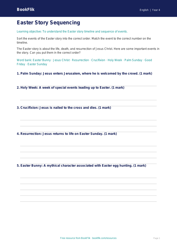 Free Easter Story Activity Sheet | Year 4 Core | BookFlik worksheet preview — English Easter Story