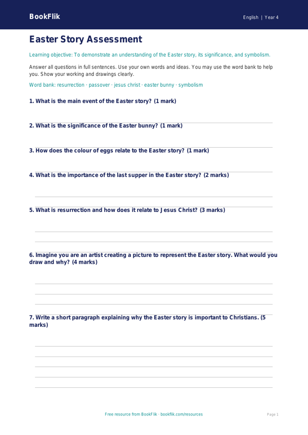 Free Easter Story Assessment | Year 4 Core | BookFlik worksheet preview — English Easter Story