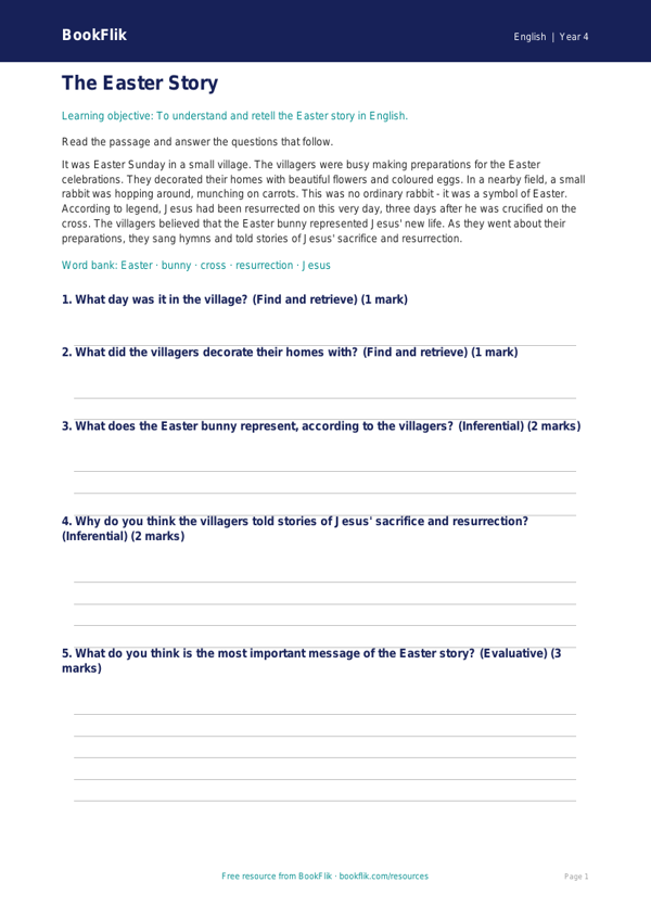 Free Easter Story Comprehension | Year 4 Core | BookFlik worksheet preview — English Easter Story