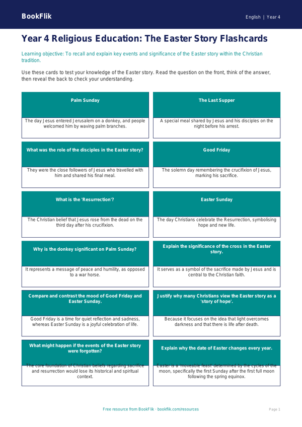 Free Easter Story Flashcards | Year 4 Greater Depth | BookFlik worksheet preview — English Easter Story